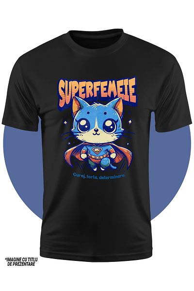 StoryGift Romania Tricou Copii Fete Super Femeie, Supererou, Pisica Zburand 100% Bumbac, Unisex, Negru, 12 A