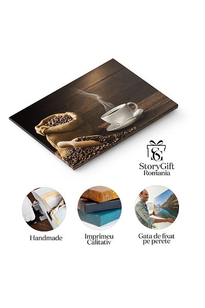 StoryGift Romania Tablou Canvas - Esenta Dimineata: Ceasca De Cafea Cu Aburi Si Boabe - Latte, Cald, Aroma