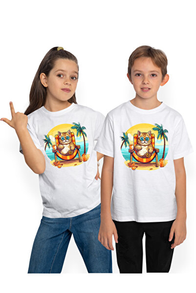 StoryGift Romania Tricou Copii Cu O Pisica La Mare, Pahar Cu Bautura, Apa, Pa...