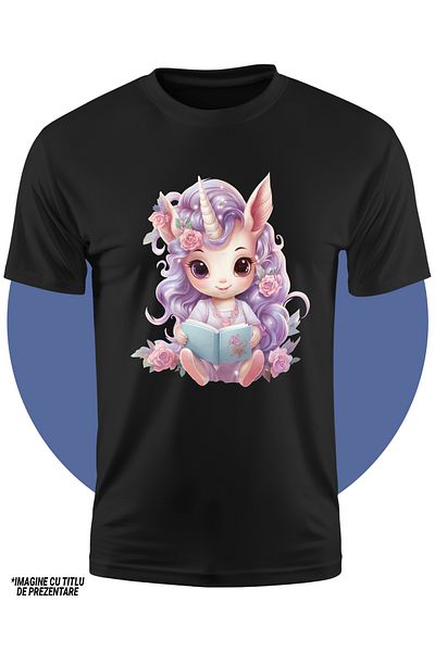 StoryGift Romania Tricou Copii Cu Un Unicorn Care Tine O Carte Deschisa, Ilustratie, Par Lung, Mov, Lectura,