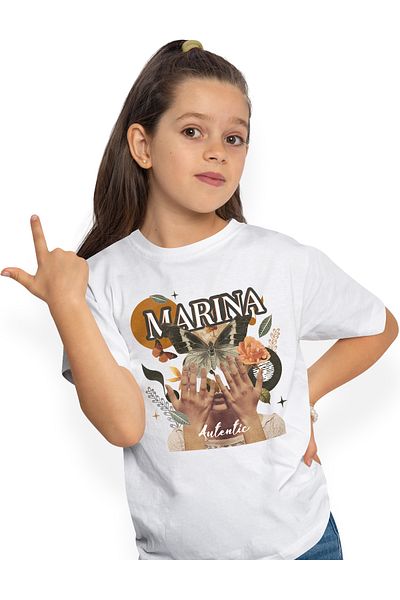 StoryGift Romania Tricou Copii Fete Cu Numele Marina, Colaj Fata, Fluture, Flori, Cerc 100% Bumbac, Unisex,