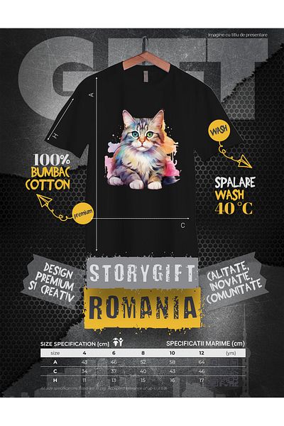 StoryGift Romania Children's T-shirt with a little scared kitten, illustration, color spots, painting, watercolors,