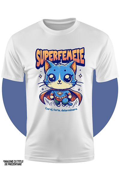 StoryGift Romania Tricou Copii Fete Super Femeie, Supererou, Pisica Zburand 100% Bumbac, Unisex, Alb, 12 Ani