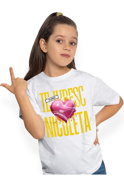 StoryGift Romania Tricou Copii Fete Te Iubesc Nicoleta, Dragoste, Inima, Iubire, Sfantul Valentin, Dragobete