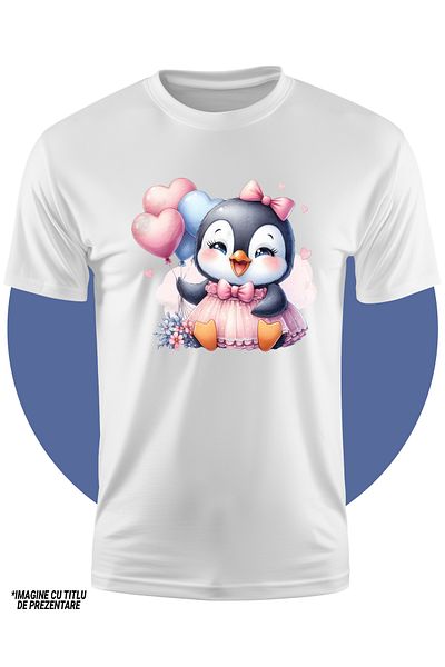 StoryGift Romania Tricou Copii Cu Un Pinguin Vesel, Ilustratie, Baloane, Inimioare, Imbujorata, Valentine's