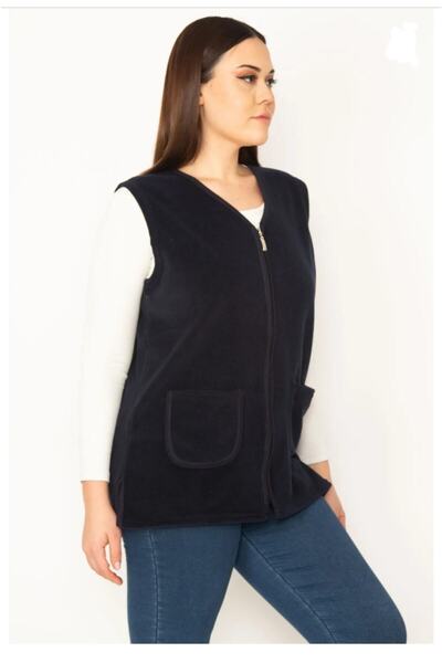 anne moda ankara Fleece Wide Fit V-Neck Zippered Vest