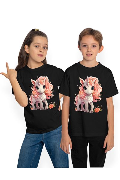 StoryGift Romania Kids T-Shirt With A Cheerful Unicorn, Illustration, Shy, Orange Roses, Flowers, Surprin