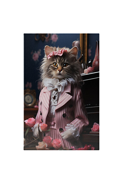 StoryGift Romania Tablou Canvas: Pisica In Costum Elegant Roz Cu Fundita Pe C...