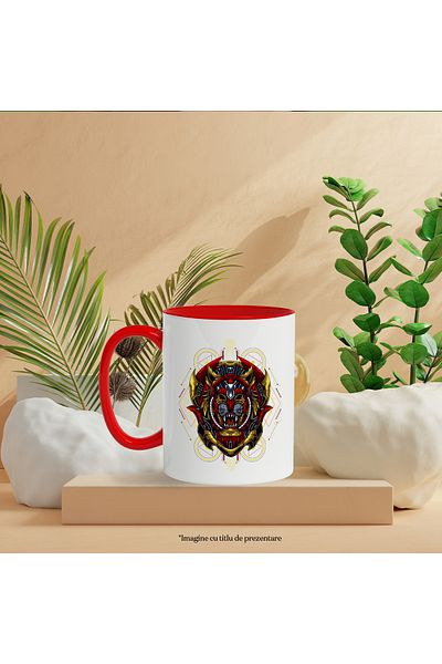 StoryGift Romania Mug With Tiger, Emblem, Robot, SF, Multicolor 330 ml, Ceramic with Red Handle, With Handle