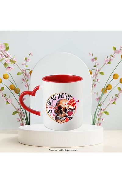 StoryGift Romania Mug with a skull and a cup of coffee with the message "Dead inside, but caffeinated, With,STG.