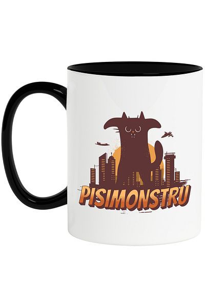 StoryGift Romania Cana cu Pisica imensa Neagra Text PisiMonstru. Animal Blanos Iubitorii De Motani, Cu Maner Negru STG