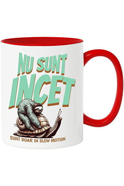 StoryGift Romania Cana Animal Lenes Si Melc Text Haios Nu Sunt Incet Doar In Slow Motion, 330ml, C, Cu Maner Rosu STG