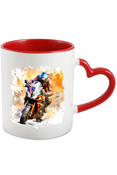 StoryGift Romania Cana Cu Motociclist, Motor, Watercolor, Sport, Casca, Multicolor 330 ml, Ceramic, Cu Maner Inim STG