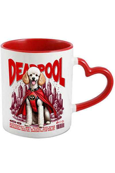 StoryGift Romania Cana cu Pudel / Poodle Caine In Costum de DeadPool cu Pelerina, Erou Nocturn, De, Cu Maner Inim STG