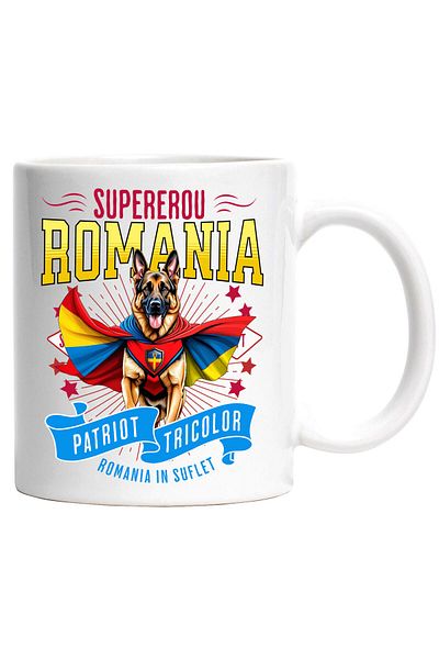 StoryGift Romania Cana cu Ciobănesc German / German Shepherd Caine In Costum de Capitan Romania cu, Cu Maner Alb STG