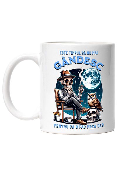 StoryGift Romania Cana Schelete imbracat in costum fumand, luna plina, 330ml, Ceramic cu Maner Alb, Cu Maner Alb STG