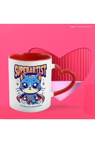 StoryGift Romania Super Artist Mug, Superhero, Flying Cat, 330ml, Ceramic with Red Heart Handle, With,STG.