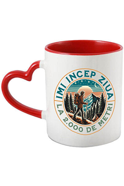 StoryGift Romania Cana cu Barbat Pe Munte Text Imi Incep Ziua La 2.000 Metri, Padure, Natura, Drum, Cu Maner Inim STG