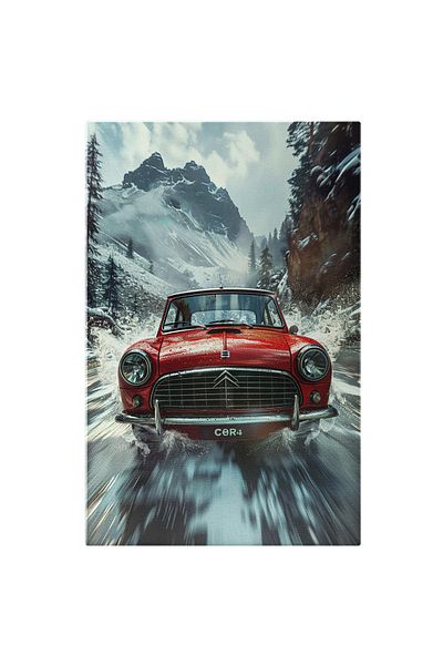 StoryGift Romania Canvas Painting Old Model Of Red Citroen, Passing Through Road Puddles - Mountain Landscape And M