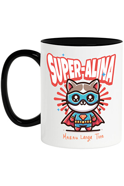 StoryGift Romania Cana cu Pisica Animata Cu Masca Si Costum De Super erou Desen Animate Text Super, Cu Maner Negru STG