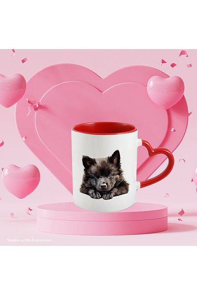 StoryGift Romania Mug with a sleeping furry puppy | illustration | in the world of dreams | black | tired, With ,STG.