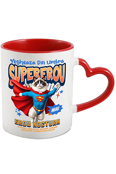 StoryGift Romania Cana cu Ragdoll Pisica In Costum de SuperMan cu Pelerina, Erou Nocturn, Desene a, Cu Maner Inim STG