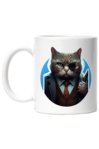 StoryGift Romania Cana Cu Pisica, Raufacator, Ochelari, Costum, Multicolor 330 ml, Ceramica cu Man, Cu Maner Alb