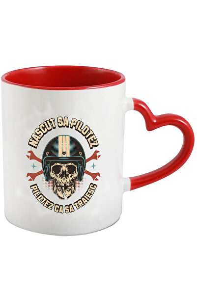 StoryGift Romania Cana nascut sa pilotez pilotez sa traiesc schelete cu casca, 330ml, Ceramica cu , Cu Maner Inim STG