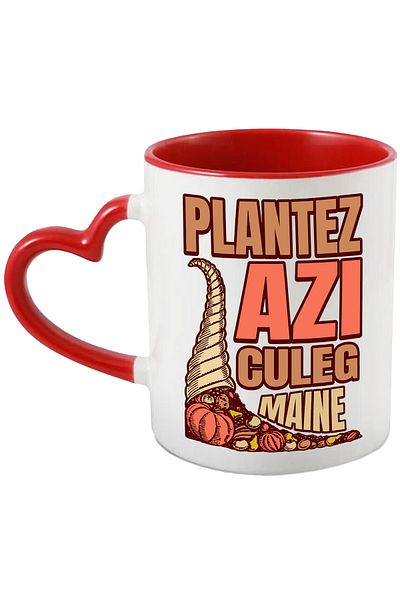 StoryGift Romania Cana Legume Text Plantez azi, culeg maine, traiesc bine, 330ml, Ceramica cu Mane, Cu Maner Inim STG