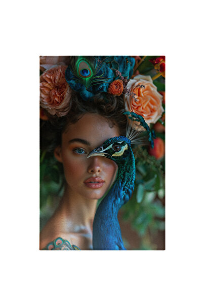 StoryGift Romania Tablou Canvas Prietena Cu Paunul Frumos Albastru, Fata Cu Trandafiri In Par Alaturi De Un Paun