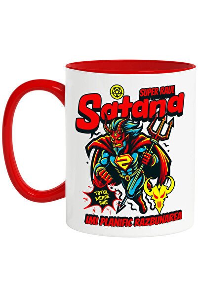 StoryGift Romania Cana cu Satana Diavol In Costum De Super erou Cu Coarne Si Coada Text Imi Planif, Cu Maner Rosu STG