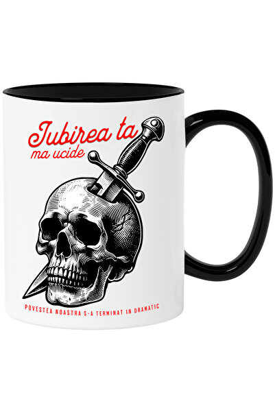 StoryGift Romania Cana Craniu cu cutit iubirea ta ma ucide dragoste, 330ml, Ceramica cu Maner Negr, Cu Maner Negru STG