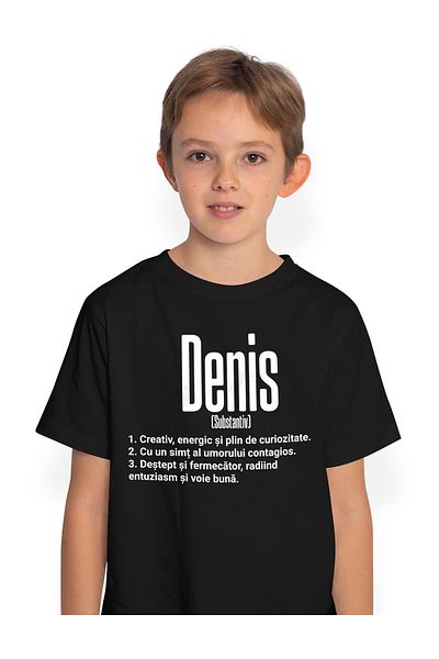 StoryGift Romania Tricou Copii Baieti Cu Numele Denis, Cu Mesaj Motivational, Creativ, Energic, Curios, Dest