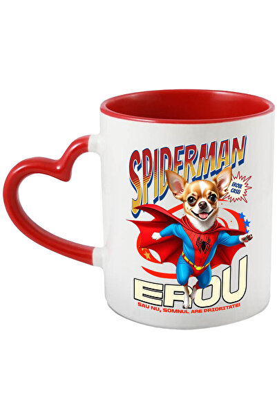 StoryGift Romania Cana cu Chihuahua Caine In Costum de SpiderMan cu Pelerina, Erou Nocturn, Desene, Cu Maner Inim STG