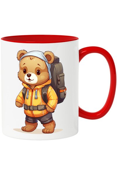 StoryGift Romania Cana cu un ursulet explorator | ilustratie | descoperiri | expeditie | ghiozdan , Cu Maner Rosu STG