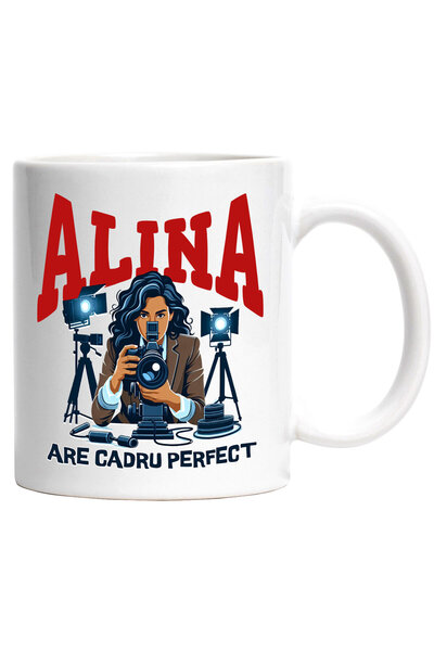 StoryGift Romania Cana cu Femeie Bruneta cU Aparat Foto Televiziune Text Alin...