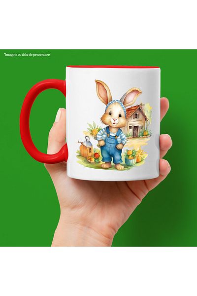StoryGift Romania Mug with a cheerful bunny | illustration | house in the back | nature | grass | green, With ,STG