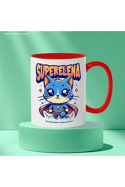 StoryGift Romania Super Elena Mug, Superhero, Flying Cat, 330ml, Ceramic with Red Handle, With R Handle, STG