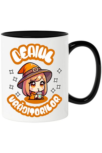 StoryGift Romania Cana Ceaiul vrajitorilor fata cu palarie portocalie , 330ml, Ceramica cu Maner N, Cu Maner Negru STG