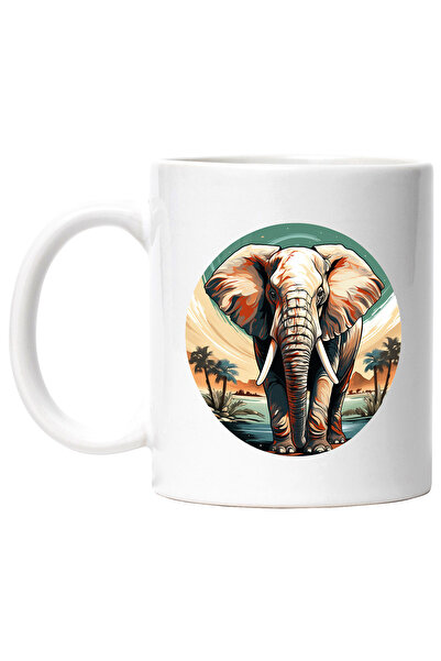 StoryGift Romania Cana Cu Elefant, Lac, Palmieri, Cer, Apus, Cerc, Frunze, Mu...