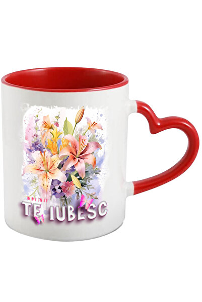 StoryGift Romania Cana Cu Mesaj Inimi Unite Te Iubesc, Fluturi, Flori, Buchet...