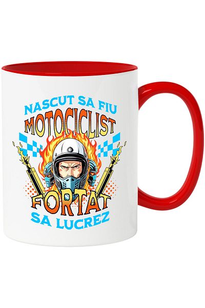 StoryGift Romania Cana cu Om Cu Casca Protectie Motor Tobe Esapament Flacari pasiune Nascut Sa Fiu, Cu Maner Rosu STG