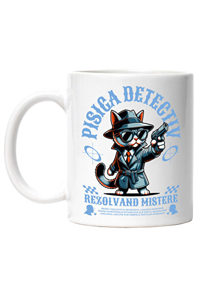 StoryGift Romania Cana Pisica Detectiv Rezolvand Mistere - Sherlock Cat, 330ml, Ceramic cu Maner A, Cu Maner Alb STG
