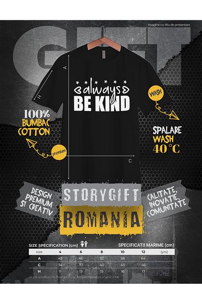 StoryGift Romania Tricou Copii cu stelute si inimioare cu mesajul "Always be kind" - fii intotdeauna bun 100