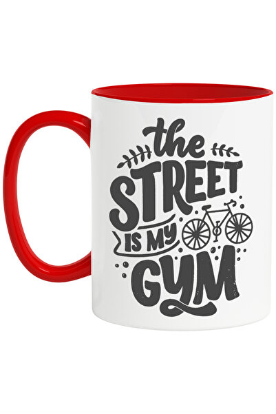 StoryGift Romania Cana cu ilustratie afisand o bicicleta si mesajul "The street is my gym" - strad, Cu Maner Rosu STG