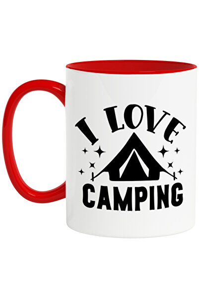 StoryGift Romania Cana cu un cort si stelute cu mesajul "I love camping" - iubesc camping-ul/tabar, Cu Maner Rosu STG