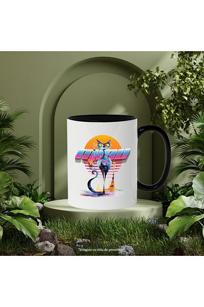 StoryGift Romania Mug With Message Meow, Cat, Abstract Art, Vaporwave, Multicolor 330 ml, Ceramics, With ,STG.
