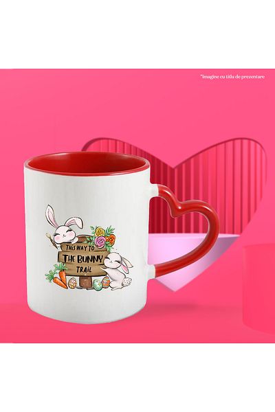 StoryGift Romania Mug with 2 cheerful bunnies with the message "This way to the bunny trail", Happy Easter, With ,STG.