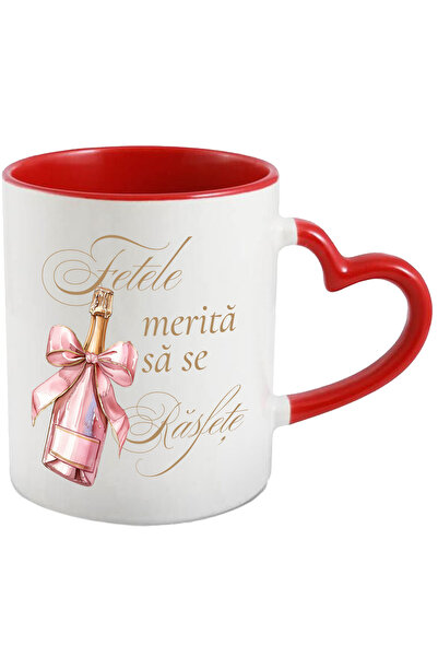StoryGift Romania Cana Fetele merita sa se rasfete sticla roz de sampanie, 330ml, Ceramica cu Mane, Cu Maner Inim STG