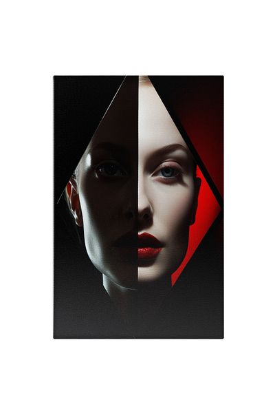 StoryGift Romania Tablou Canvas: Chip Feminin Jumatate Intunecat Jumatate Luminos Cu Ruj Rosu In Decor Romb Rosu